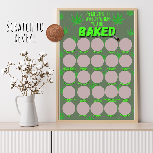25 Movies To Watch When Your Baked, Movie Poster, A5 Scratch Off Paint, Stoner, Baked, Weed