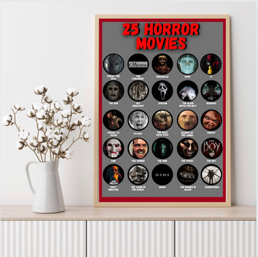 25 Horror Movies Scratch Off Paint Poster, A5 Horror Lovers, Horror Movie Fan, A5 Poster