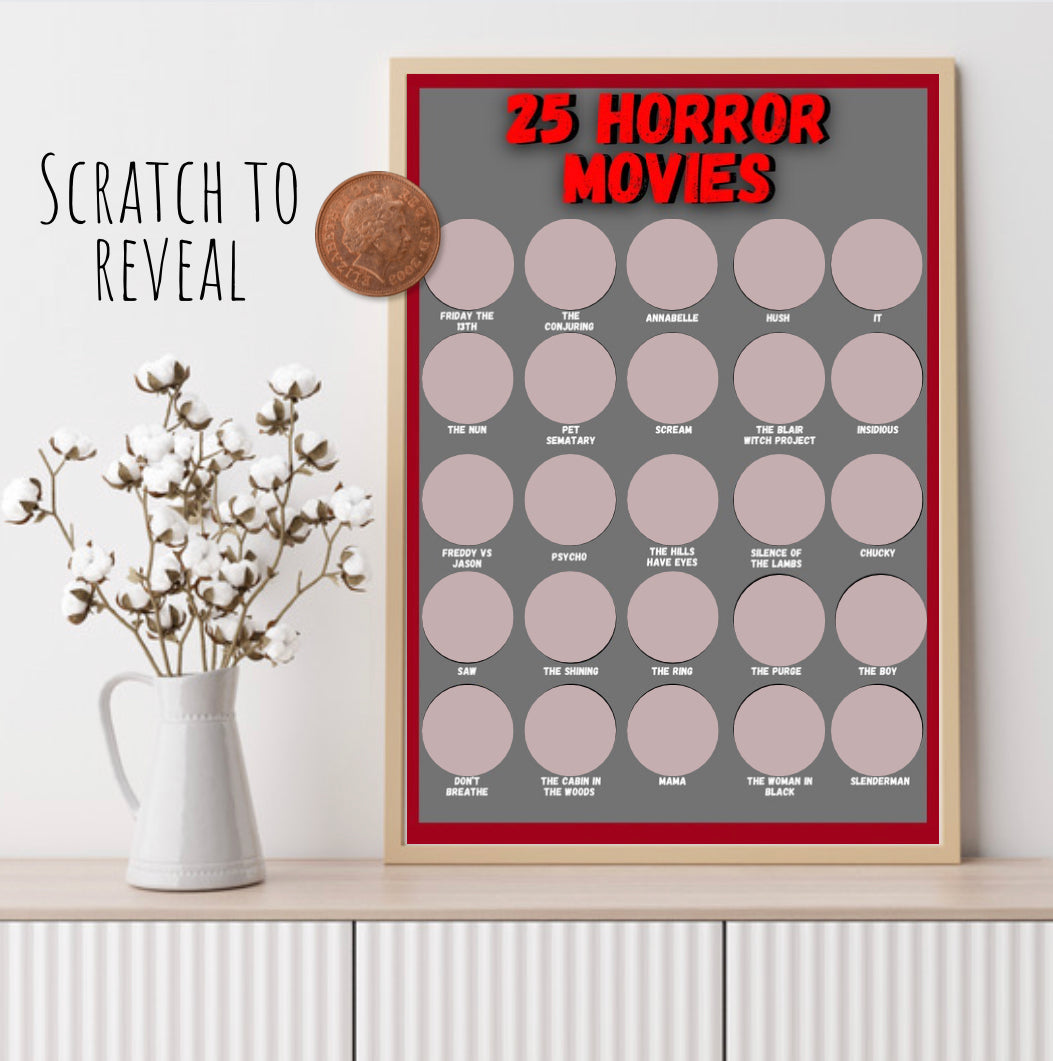 25 Horror Movies Scratch Off Paint Poster, A5 Horror Lovers, Horror Movie Fan, A5 Poster