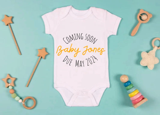 ‘Coming Soon’ Personalised Baby Announcement Baby Grow (3-6m)